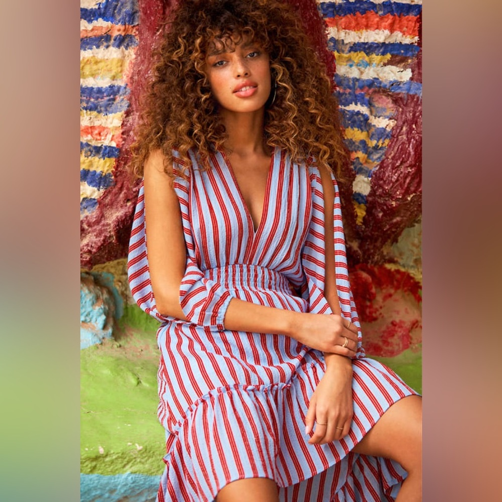Nadya Red and Light Blue Striped High-Low Dress
